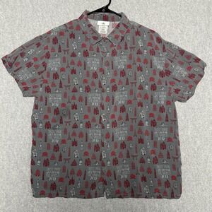 Disney Parks Shirt Boys Large Red/Gray Woven Short Sleeve Button Up Disneyland